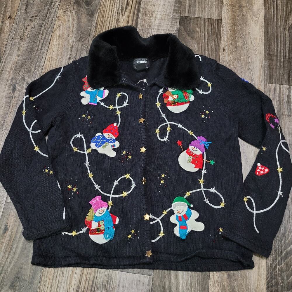 Studio joy Christmas Cardigan Size Medium Black Sweater Snowmen Snap Button